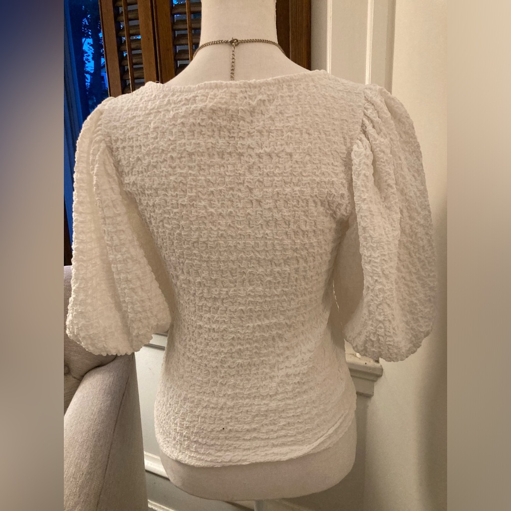 MAUVE x Anthropologie White Balloon-Sleeve Textured Top Cottagecore Resort - Picture 14 of 15